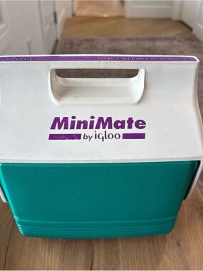 Vintage Igloo MiniMate Cooler in Teal and White with Purple Logo